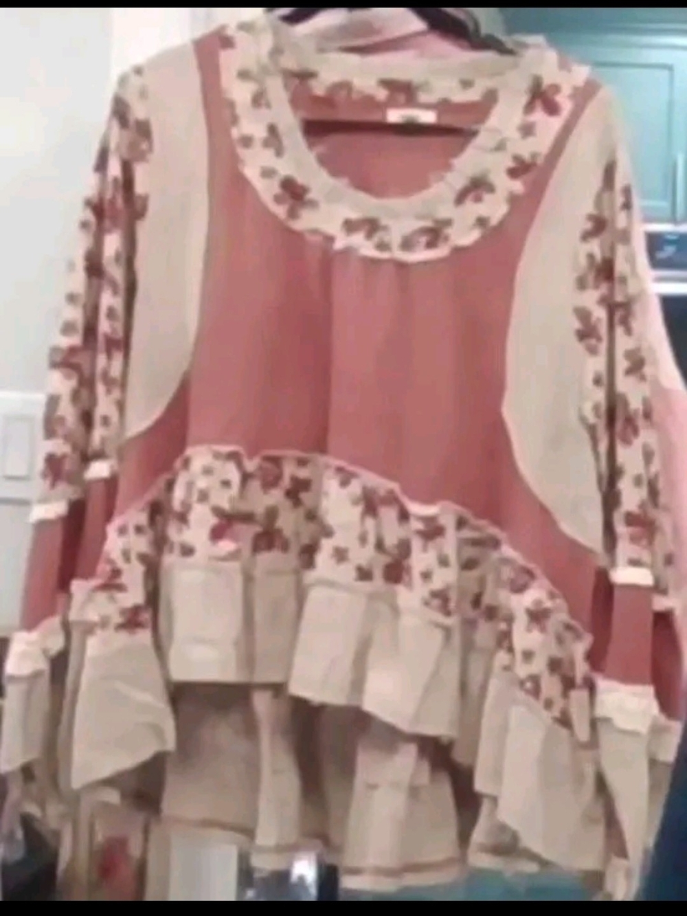 POL Mauve and Ivory waffle Floral Patchwork Peasant Top in Rust and Cream - Picture 3 of 3